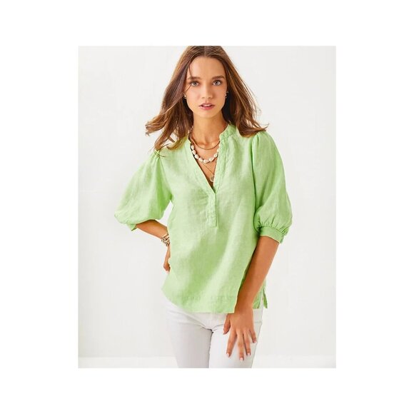 Lilly Pulitzer Tops - Lilly Pulitzer Maleigh Linen Top Jade Lime Resort Elbow Sleeve Size 8 NWT